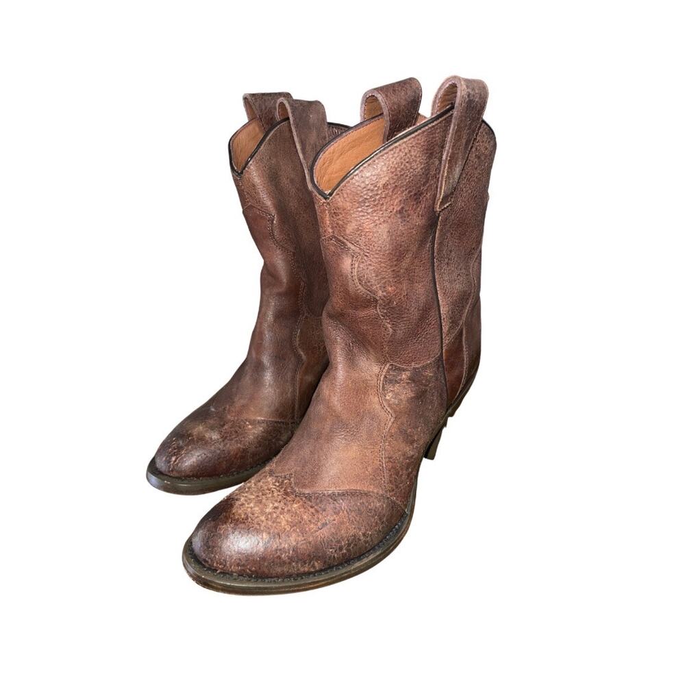 ASH Western Cowgirl Distressed Brown Leather Boots Stacked Heel SZ 8.5 Rodeo